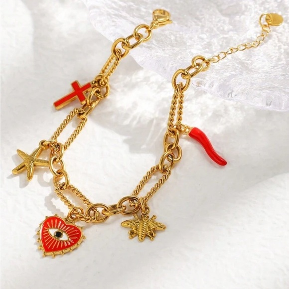 Anthropologie 18k Gold and chili cross evil eye Charm Bracelet - Picture 2 of 4